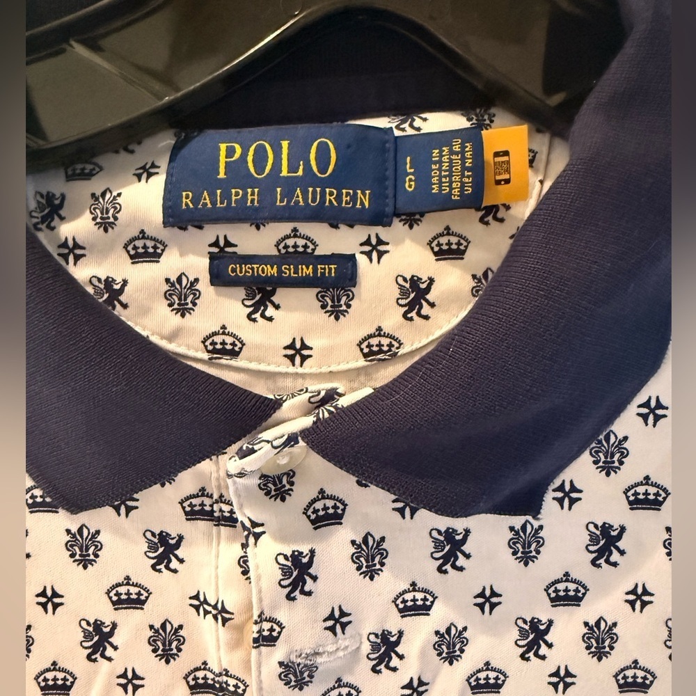 Men's White and navy logo Polo Shirt slim fit - Picture 3 of 4